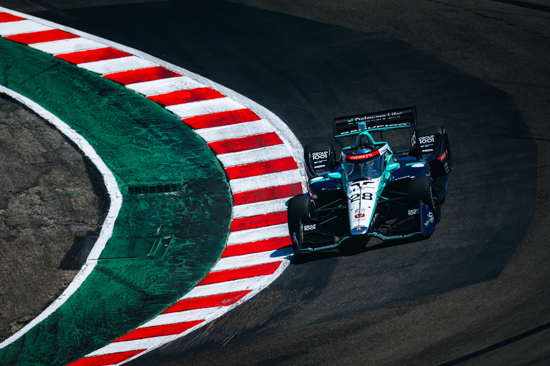 High-angle view of the number 28 IndyCar at Laguna Seca